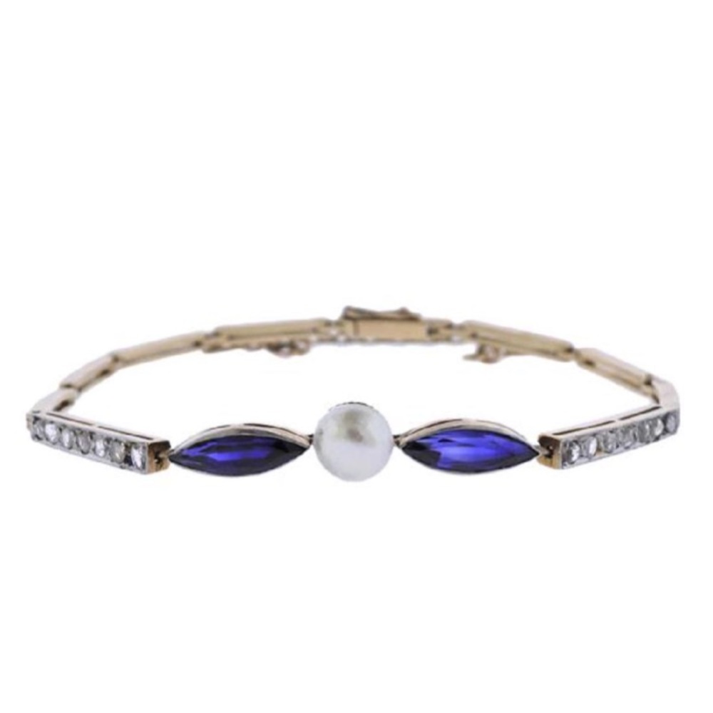 18k Gold Platinum Bracelet w/ Pearl & Blue Stones